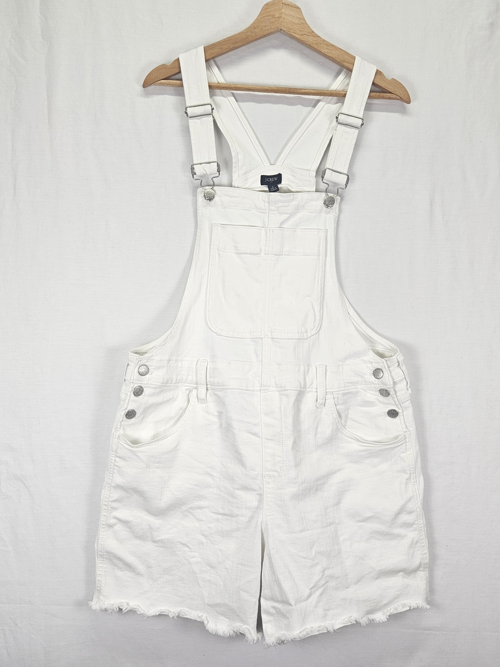 J. Crew White Denim Short Overalls Womens Sz L Raw Hem Bib Shorts White